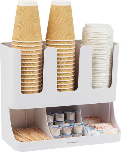 Mind Reader Condiment Station, 13 Inch Countertop Coffee Bar Organizer with 6 Compartments, Storage Caddy for Cups, Lids and Packets, Plastic, Black