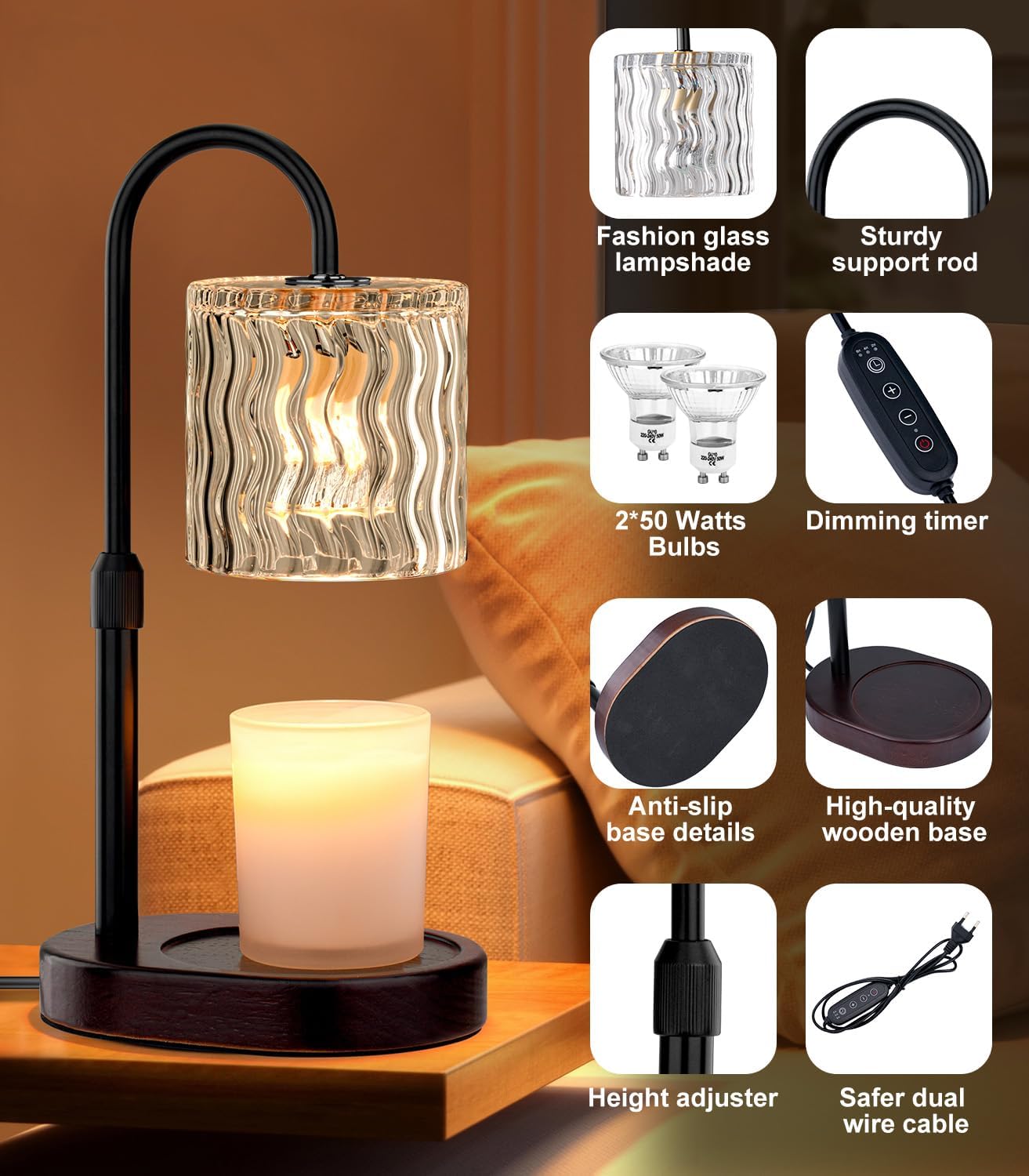 Candle Warmer Lamp Electric Timer: Dimmable Candles Warming Lamps - Height Adjustable Burner Jar - No Flame Scented Melts Wax - All Candle Jars Home Decor Table Light