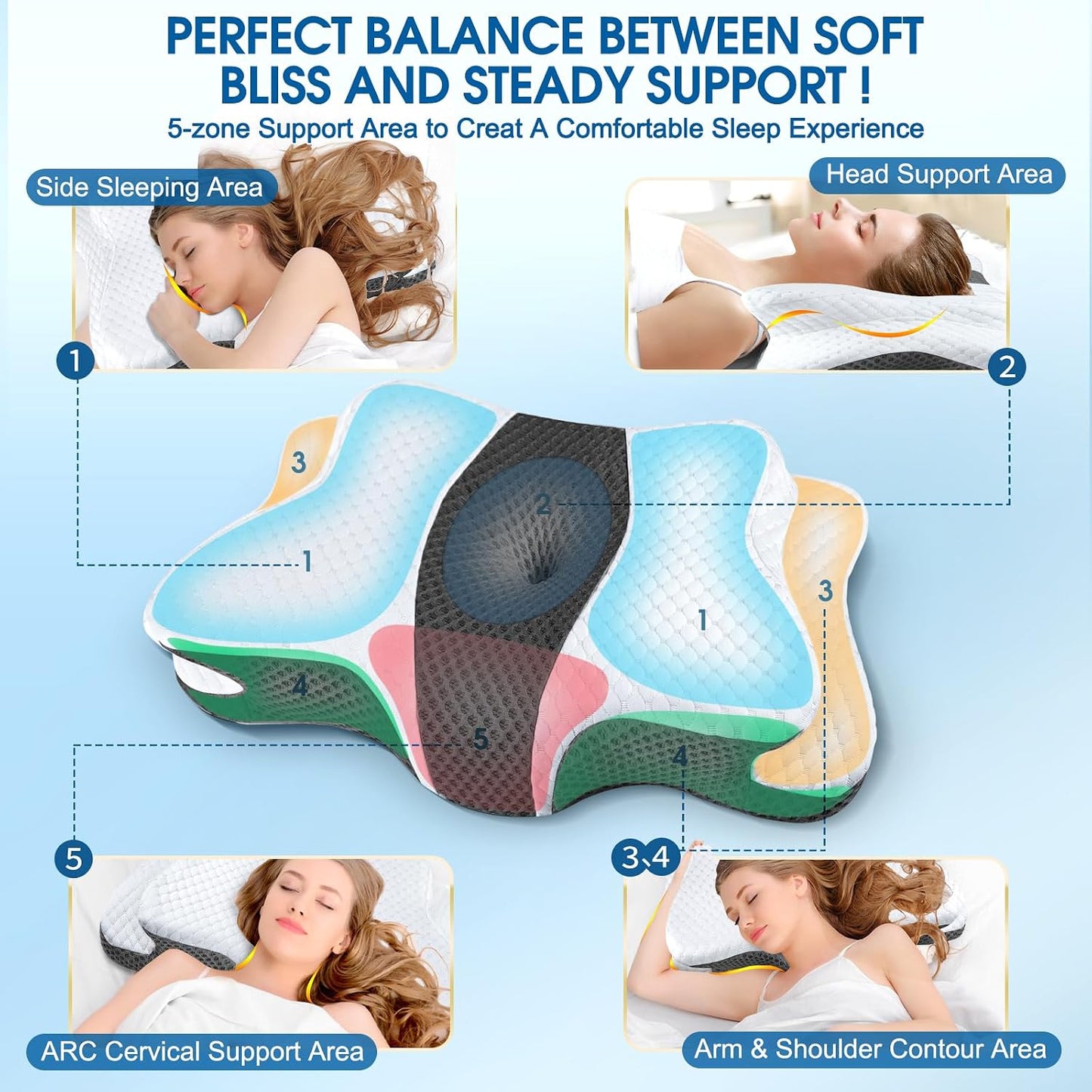 CHxxy Cervical Neck Pillow for Pain Relief Sleeping, Memory Foam Pillows, Ergonomic Side Sleeper Pillows, Cooling Orthopedic Neck Support Pillow for Back Stomach Sleepers-Queen Size Grey&Grey