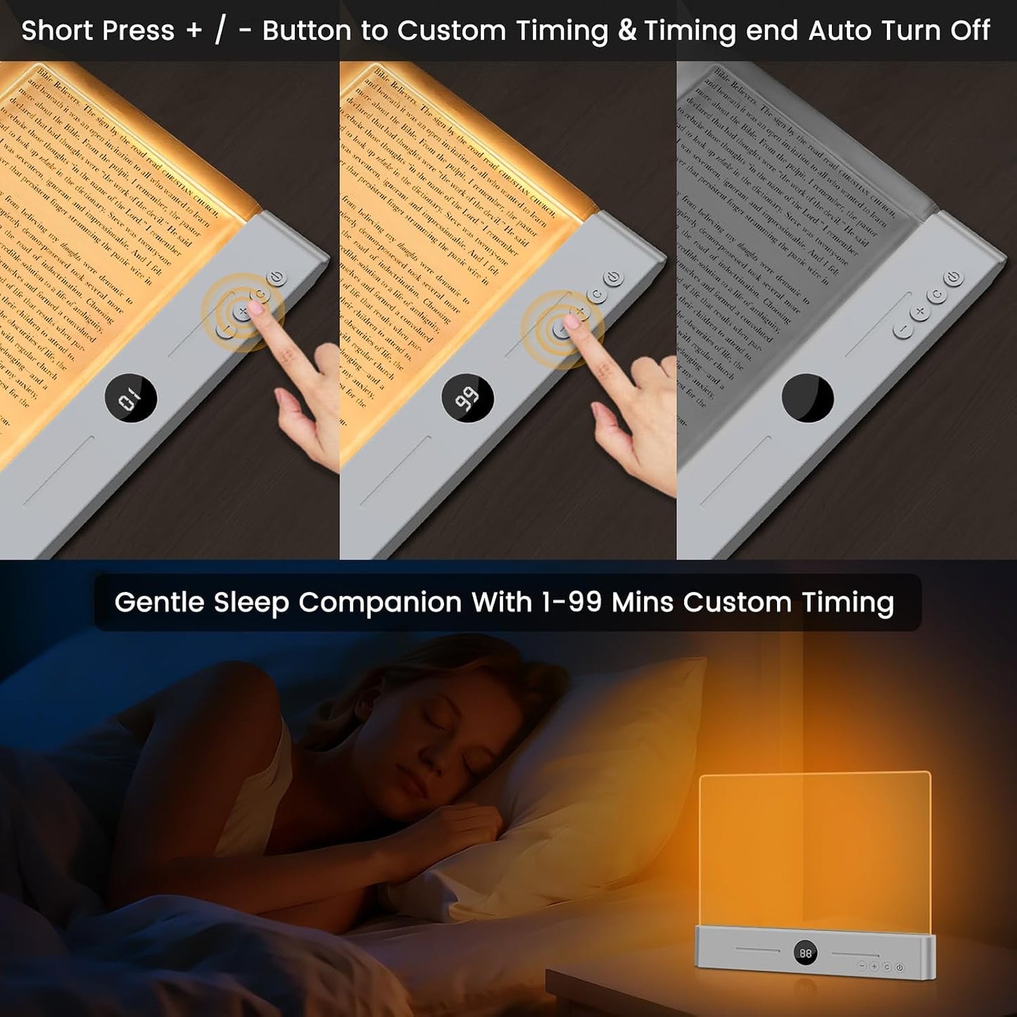 easuntec Book Light, Rechargeable Reading Light with Eye Protection - 3 Color Temps Timer Dimmable, Book Lights for Reading at Night, Flat Book Lights Gifts for Book Lovers Students Readers (Black)
