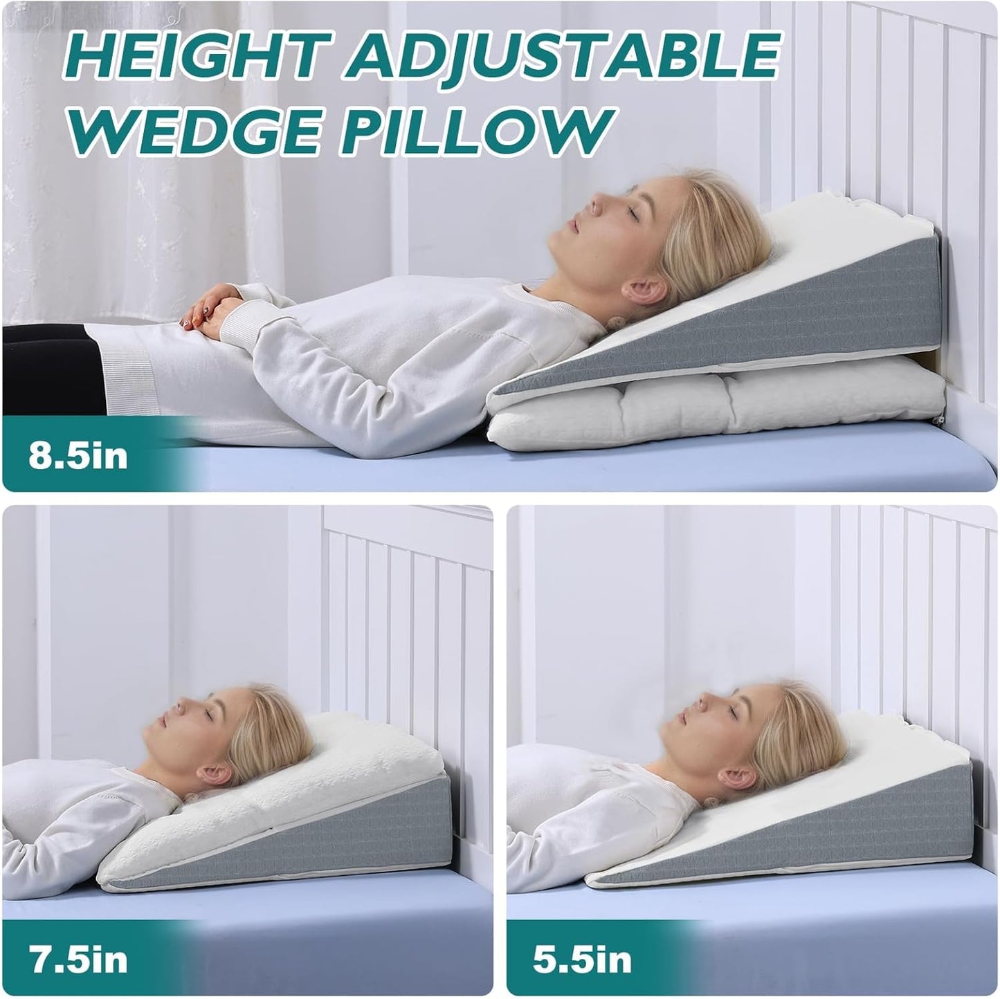 Bed Wedge Pillow for Sleep Apnea 7.5Inch Gerd Pillow Patent Dual Layer Triangle Pillow Adjustable Shredded Memory Foam Topper Soft Support Ideal for Acid Reflux, After Surgery, Snoring