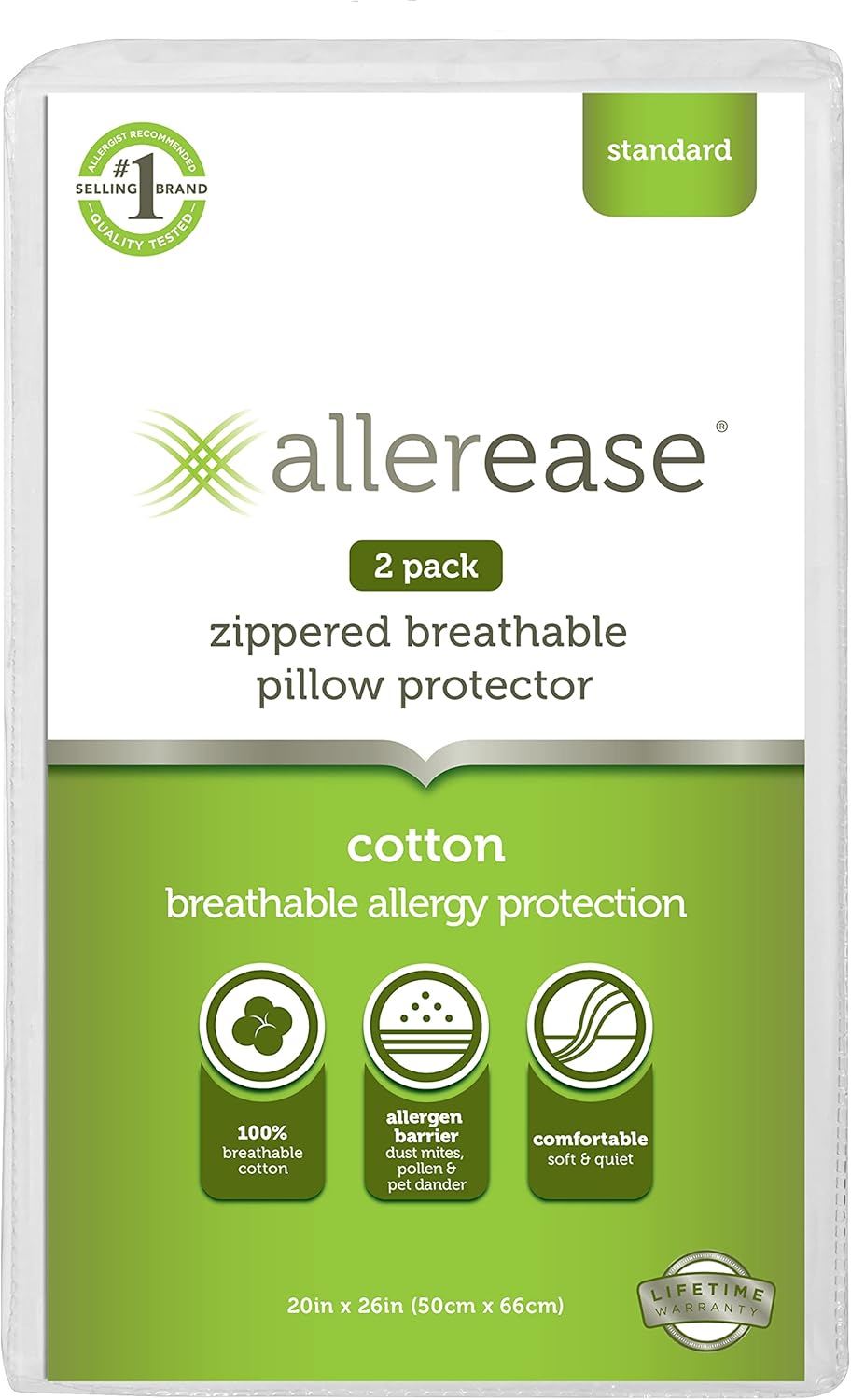 AllerEase 100% Breathable Cotton Pillow Protector for Sleeping, Standard 26" x 20" - 2 Pack