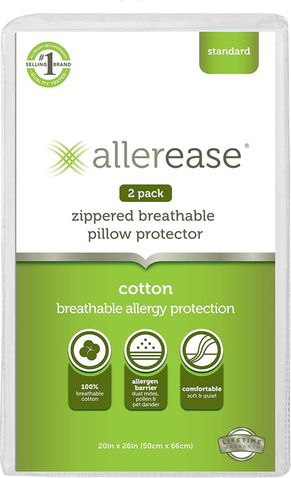 AllerEase 100% Breathable Cotton Pillow Protector for Sleeping, Standard 26" x 20" - 2 Pack