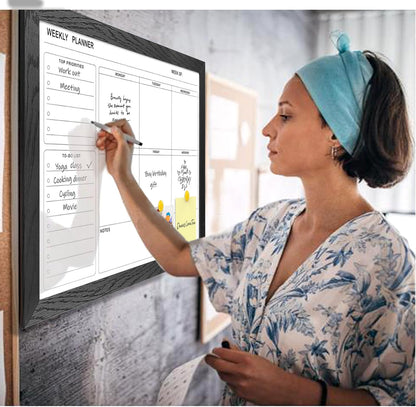 White Board Weekly Calendar Dry Erase Planner for Wall-16"X12",Black Solid Wood Frame,Minimal/Modern Design, Magnetic Whiteboard Planner for to Do List, Memo, School, Home, Office, Kitchen