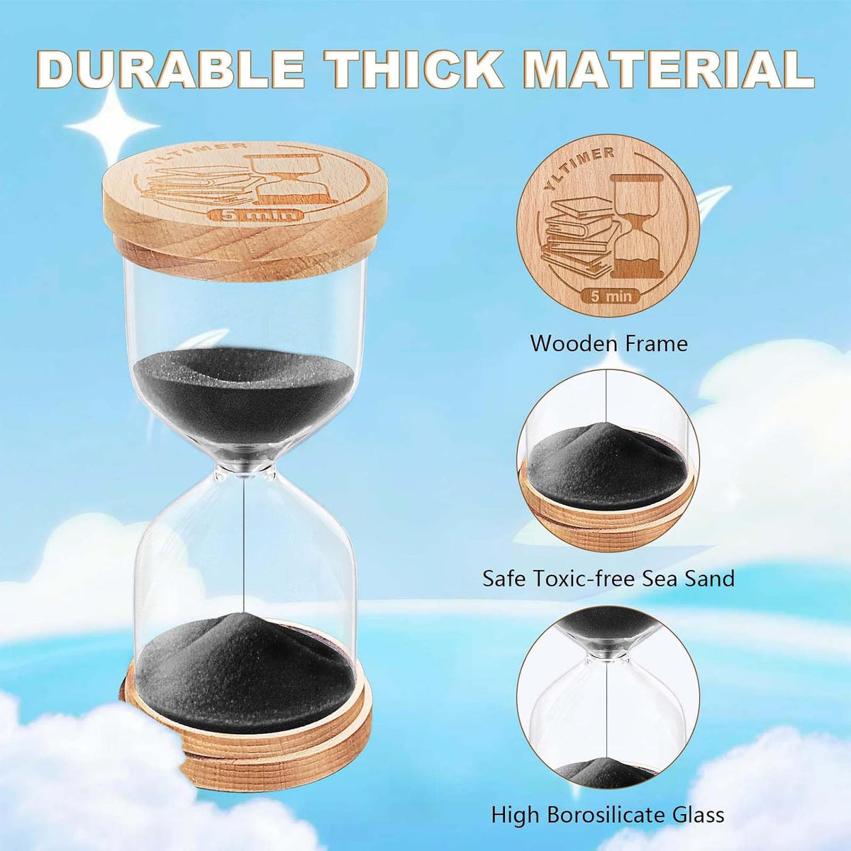 1 Minute Sand Timer, Wooden Sand Hourglass, Small Blue Hourglass, Sandglass Clock 1 Min for Classroom,Game,Decorative (Black)