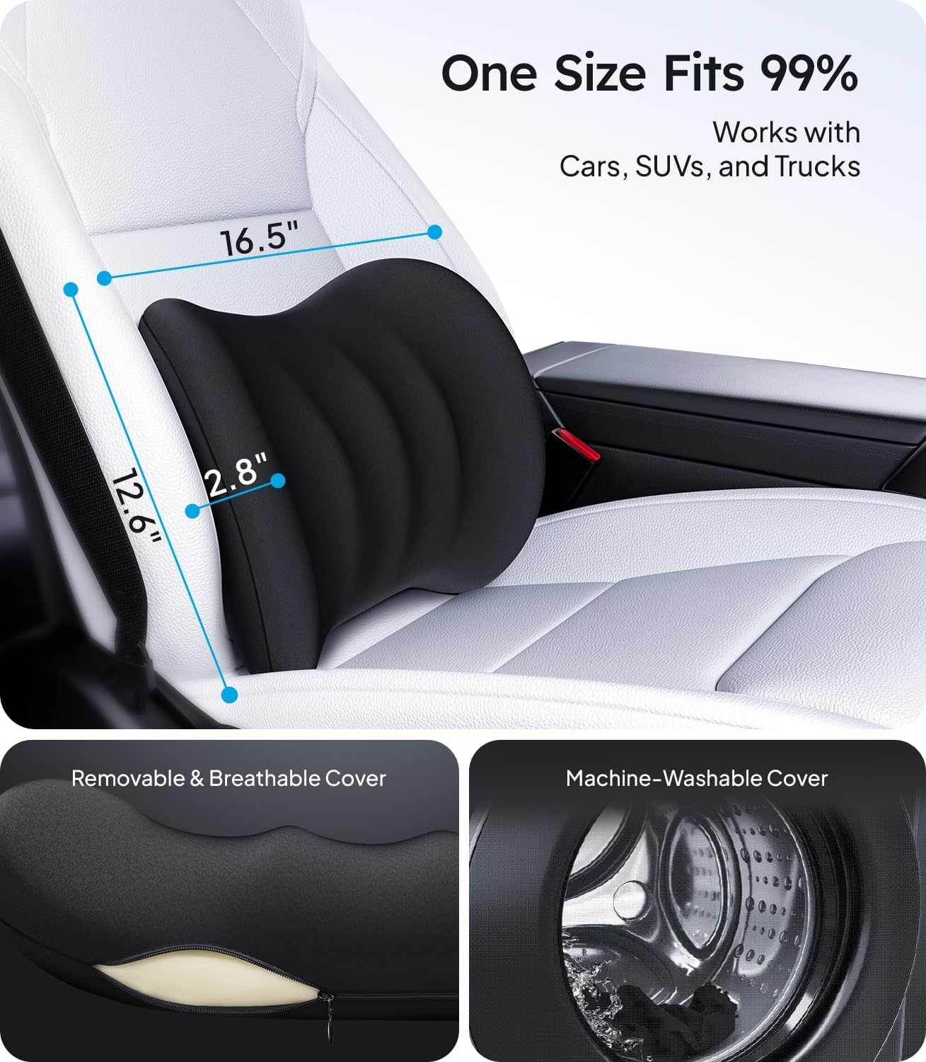 Wigoo 2026 Lumbar Support Pillow for Car [Ergonomic Design, Pressure Relief] Back Cushion for Driving Seat, Back Support Pillow for Car-Office Chair, Fits All Vehicles (Black 1-Pack)