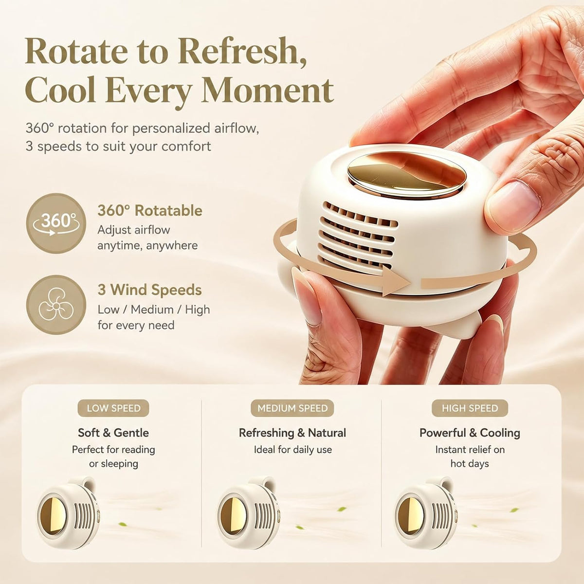 Portable Clip-On Fan, Mini Bladeless Waist Fan, 5100RPM 25dB Ultra-Quiet 3-Speed Rechargeable Small Whirlwind Fan, Hands-Free Personal Cooling for Outdoor Travel Office Camping with USB-C