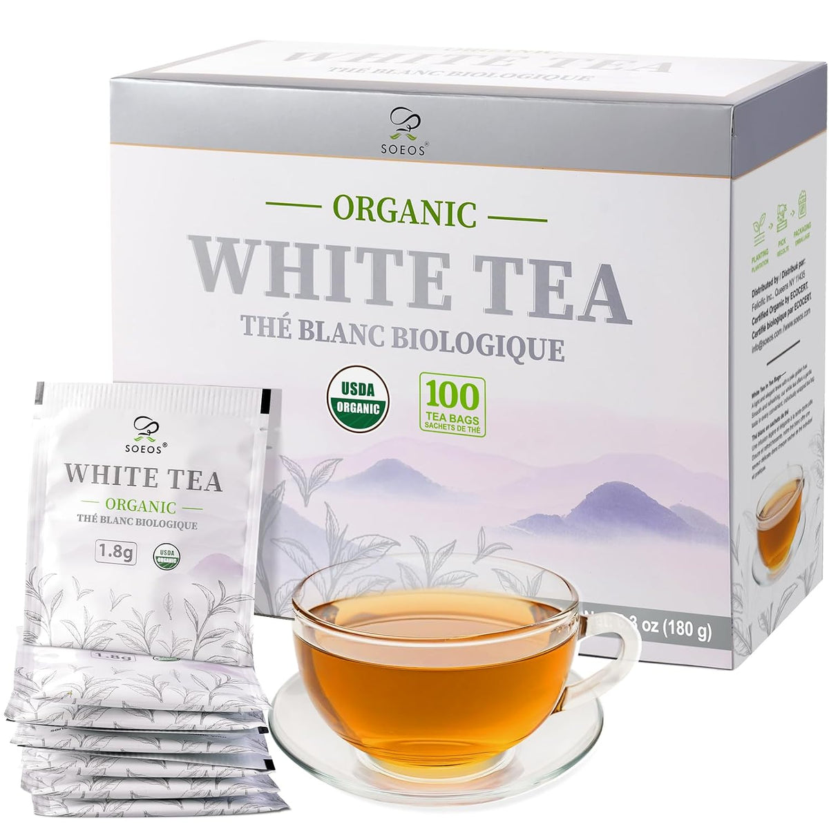 Soeos Organic White Tea, 100 Tea Bags, Individually Wrapped Teabags, Low Caffeine, Subtle Floral Aroma & Smooth Taste, Quality Tea for Everyday Brewing, Perfect for Hot or Iced Tea Lovers, 6.3oz (180g)