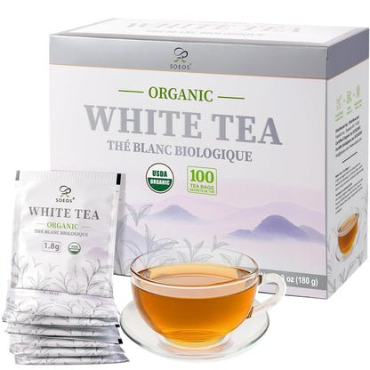Soeos Organic White Tea, 100 Tea Bags, Individually Wrapped Teabags, Low Caffeine, Subtle Floral Aroma & Smooth Taste, Quality Tea for Everyday Brewing, Perfect for Hot or Iced Tea Lovers, 6.3oz (180g)