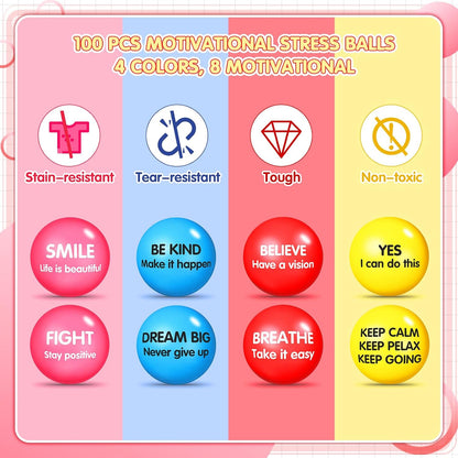Liliful 100 Pcs Motivational Stress Balls Bulk Inspirational Squeeze Balls for Adults Anxiety Relief Fidget Toys Office Employee Gifts Classroom Rewards 2.2 Inch (Bright Colors)