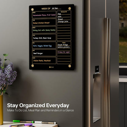 Yeoux Black Glass Golden Weekly & Menu Dry Erase Calendar Board 15“x11