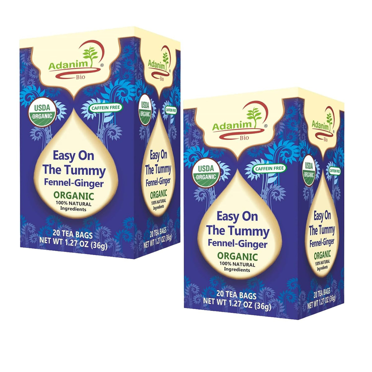 Adanim Bio Organic Fennel Ginger Herbal Tea Caffeine Free 40 Individually Wrapped Tea Bags 20 Count (Pack of 2)