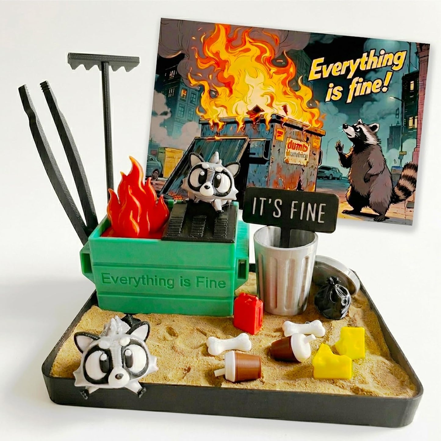 Dumpster Fire Zen Garden for Desk, Mini Sand Art Kit with Raccoons