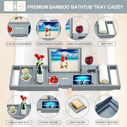 Premium Bamboo Bathtub Tray Caddy - Bath Tub Tray Table for Bathtub - Bath Caddy Tray for Bathtub, Expandable Size, Fits Most Bath Tubs