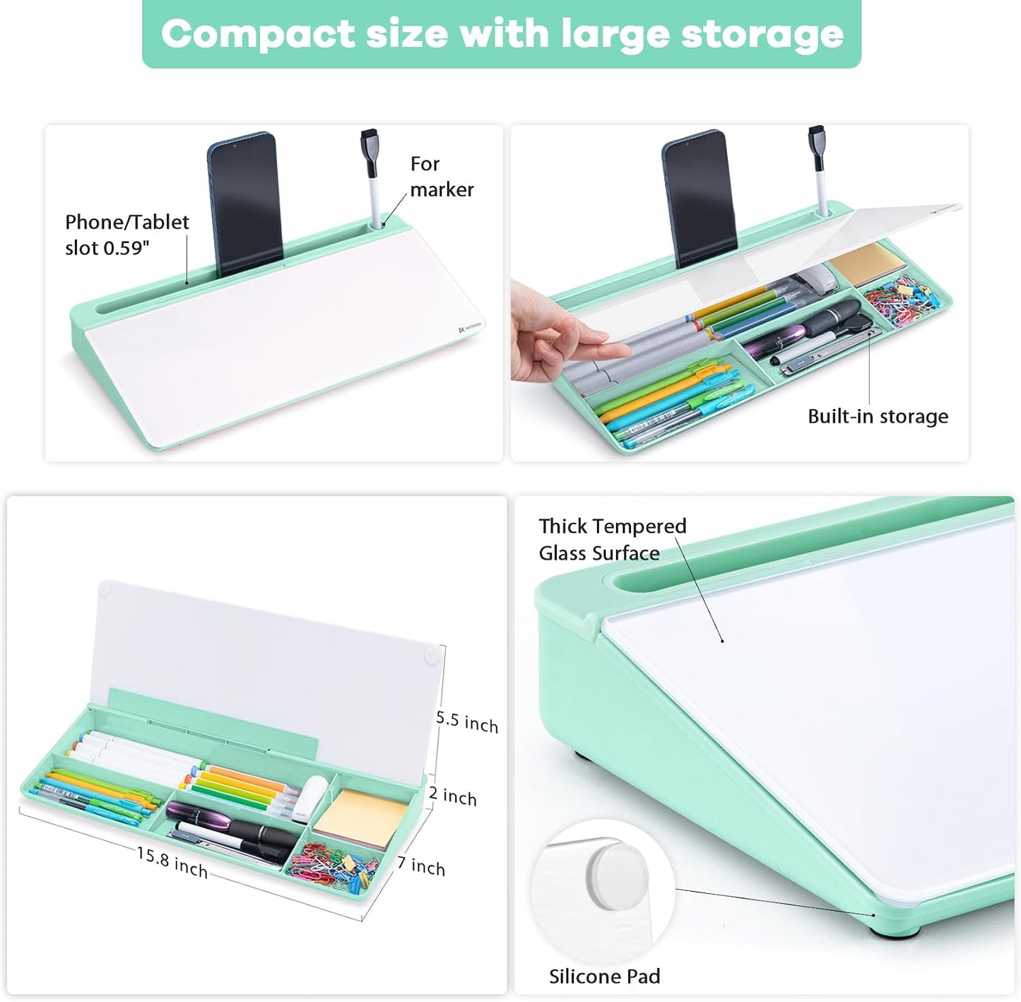 Varhomax Glass Weekly Dry Erase Desk White Board, Desktop to Do List Planner Whiteboard Calendar with Storage Caddy Memo for Home and Office, White