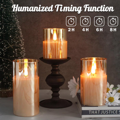 LEDHOLYT Rechargeable Flameless Glass Pillar Candles–Gifts for Women,–Set of 3, Realistic Flickering LED Flame,Remote & Timer, Ideal for Living Room, Bedroom & Halloween Festival Home Party Decor