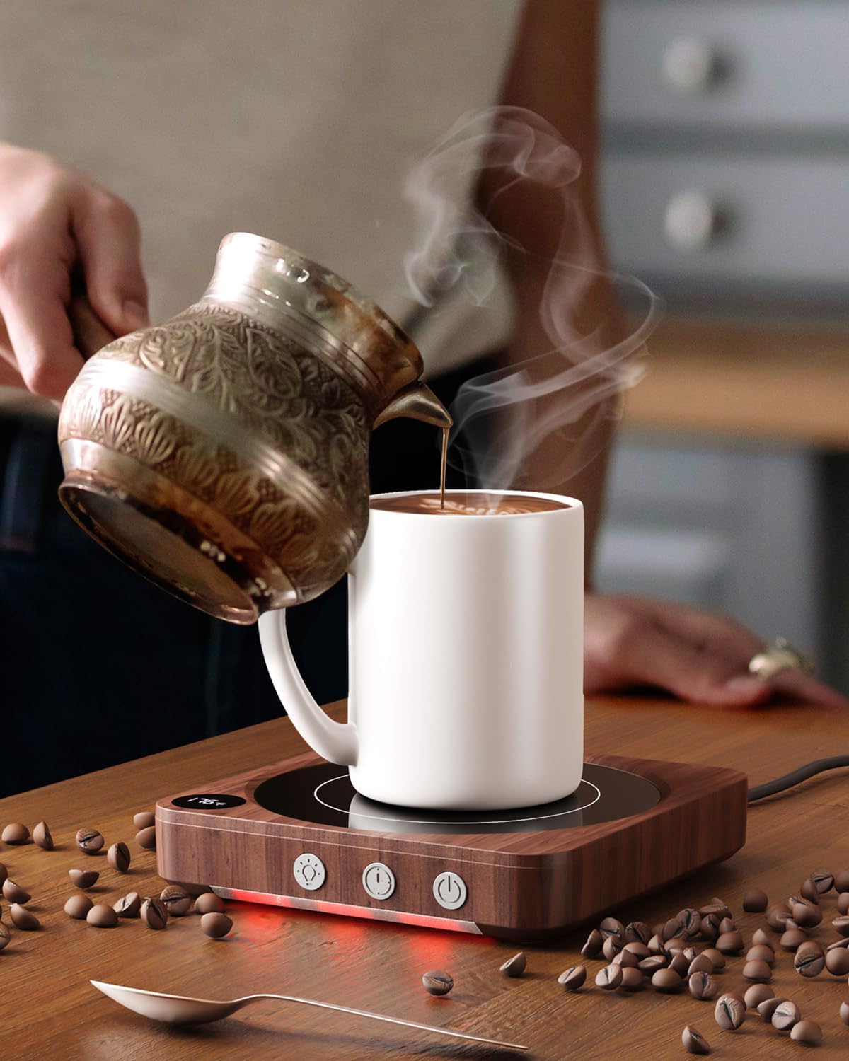 House Gem Coffee Mug Warmer for Desk, Candle Warmer Plate, 12H Timer, Wood