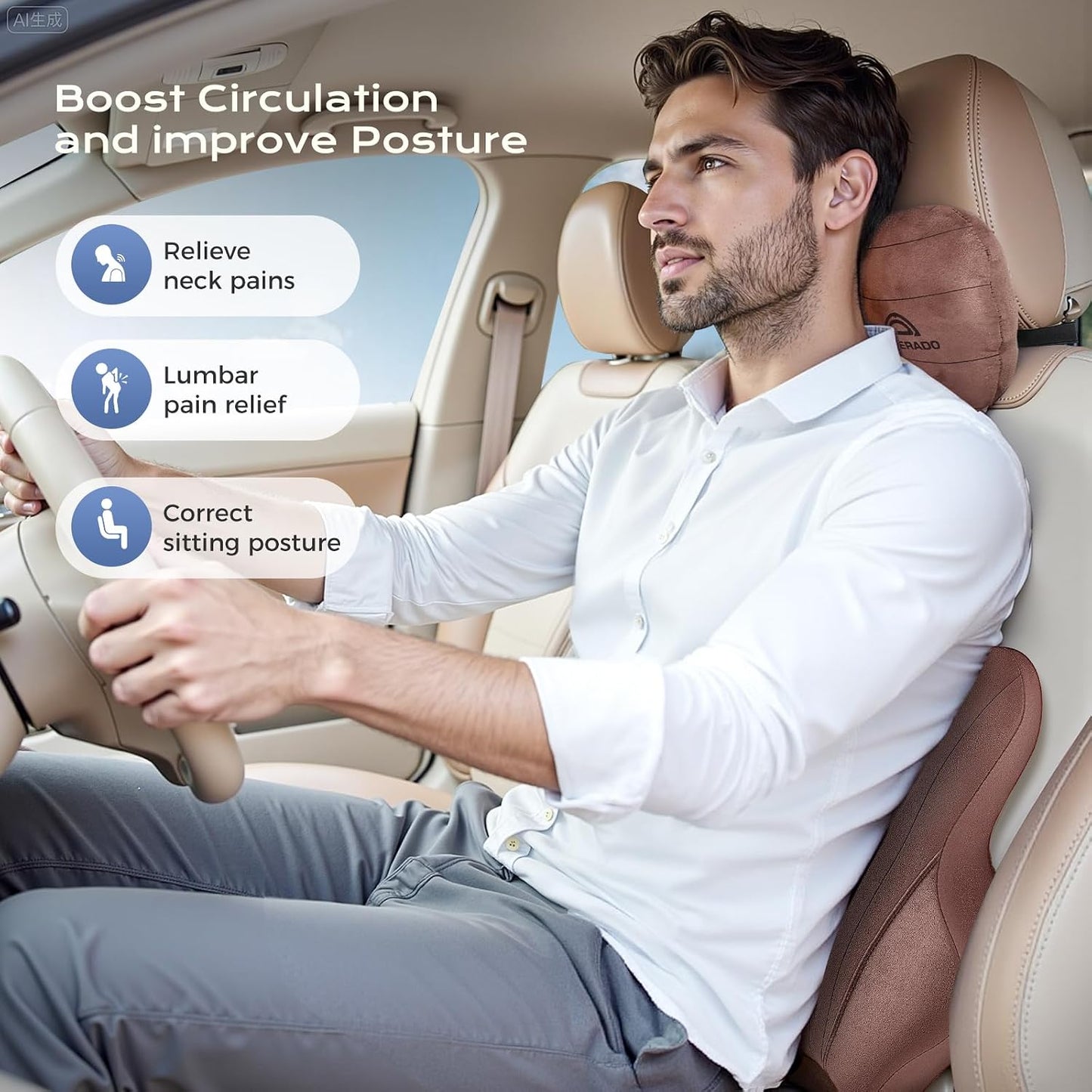 Coverado Car Lumbar Support Pillow and Car Neck Pillow Kit, Ergonomic Design Car Headrest Pillow for Driving, Relax Back Head Muscles Relieve Driving Fatigue, Breathable & Removable Cover, Gray