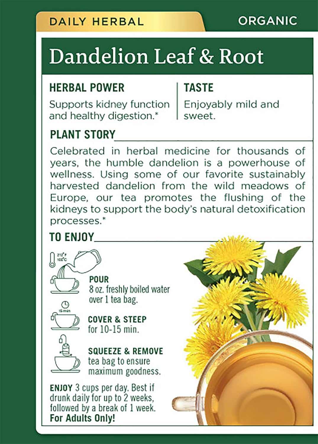 Traditional Medicinals Organic Dandelion Leaf & Root Herbal Tea, Supports Kidney Function & Healthy Digestion, (Pack of 3) - 48 Tea Bags Total