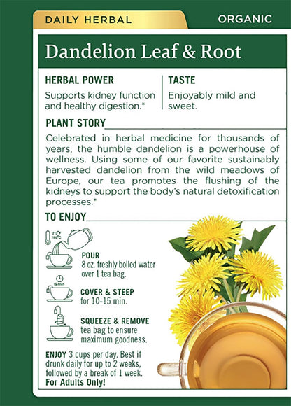 Traditional Medicinals Organic Dandelion Leaf & Root Herbal Tea, Supports Kidney Function & Healthy Digestion, (Pack of 3) - 48 Tea Bags Total