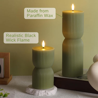 White Ribbed Flameless Pillar Candles with Remote, Real Wax Flickering Battery LED Candles Set of 2
