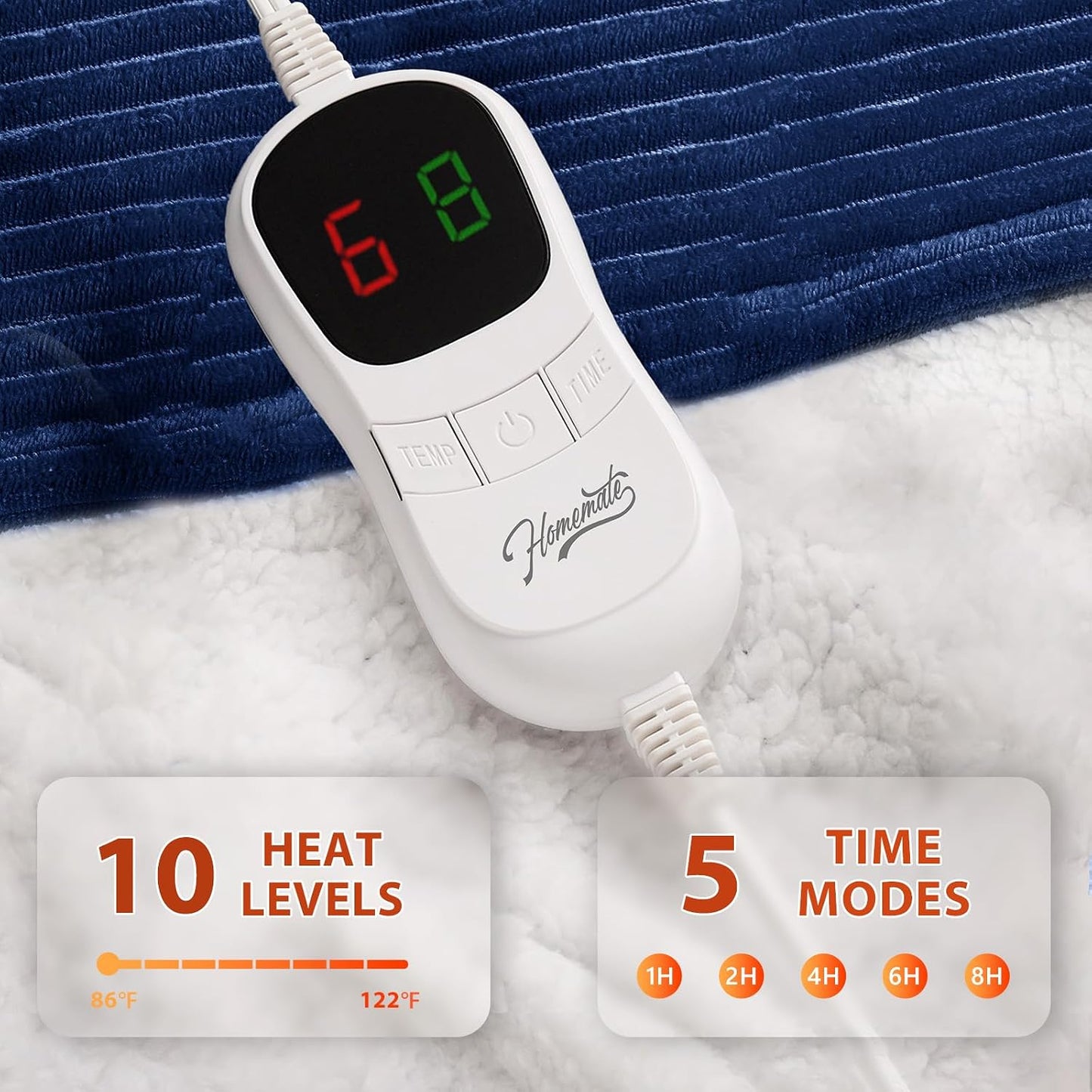 Homemate Heated Blanket Electric Throw - 50"x60" Heating Blanket Throw 1/2/4/6/8 Hours Auto-Off 10 Heat Levels Over-Heat Protection Soft Flannel Sherpa Heater ETL Certification