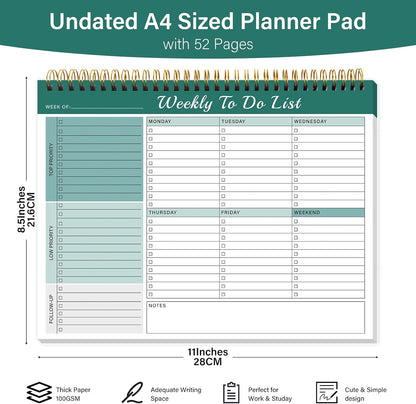 Weekly To Do List Notepad with 52 Undated Sheets（8.5"×11"）- Weekly Desk Planner Pad with Spiral Binding for Women & Man, Office, School and Home Personal Organizer