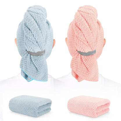 2 Pack Microfiber Hair Towel - 41 x 24 inches Super Soft, Absorbent, Fast Drying Without Frizz Hair Towel Wrap for Women Long, Thick, Curly Hair - Hair Turbans with Elastic Strap
