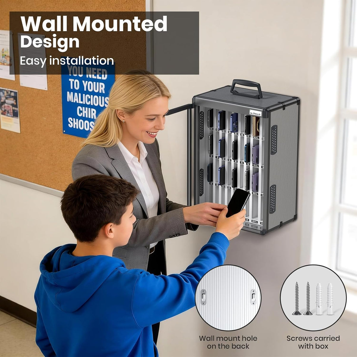 36 Slots Cell Phone Locker for Classroom, Portable Mobile Phone Storage Box with 【2 Different Size Slots】, Phone Lock Box Wall Mounted (Black)