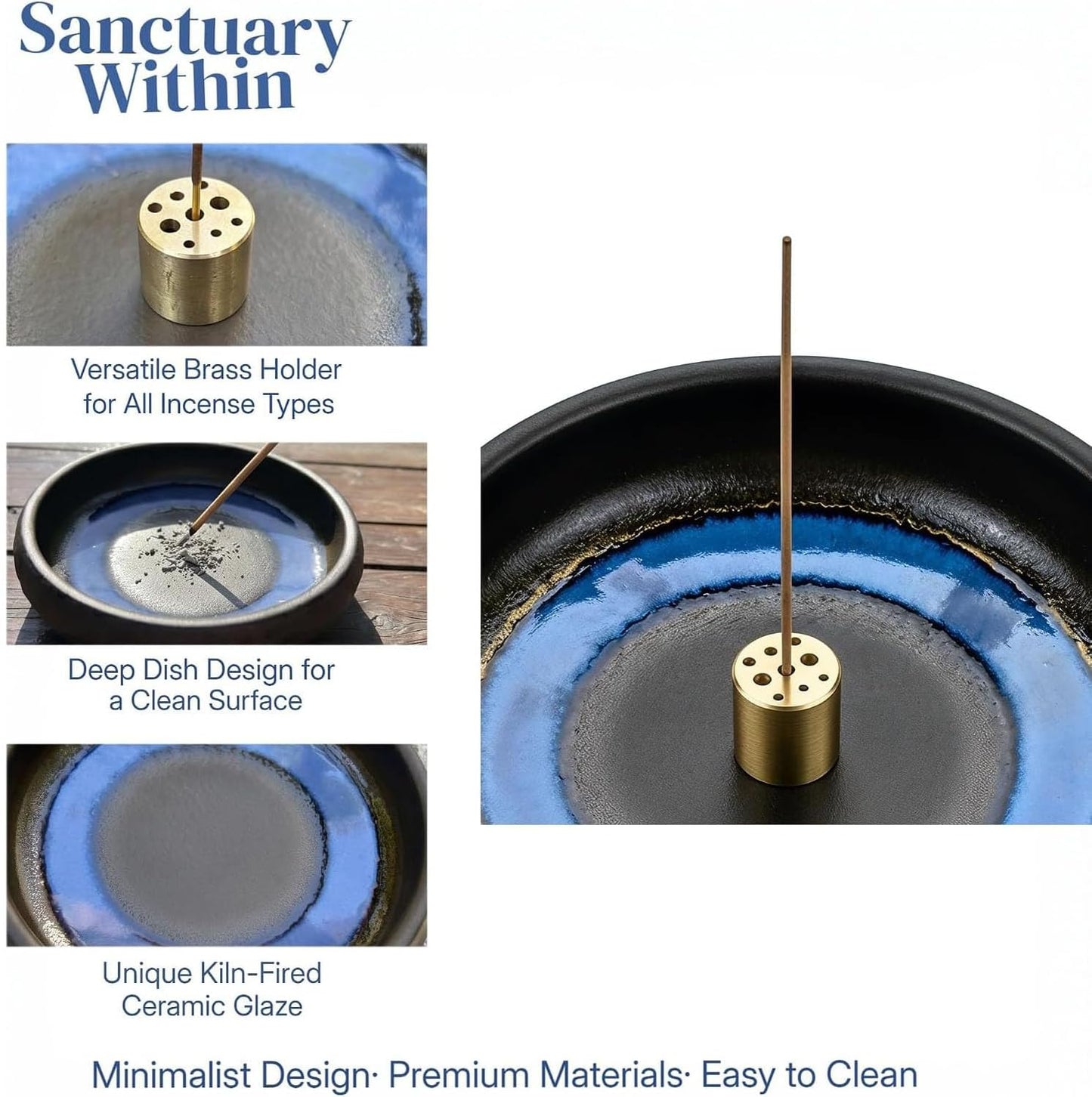 6 Inch Incense Holder with Ash Catcher,Handmade Crack Blue Glaze Ceramic Incense Burner Bowl with 9-Hole Design for Sticks,Cones,Coils Sage,Palo Santo - Perfect for Meditation,Yoga & Zen Home Décor