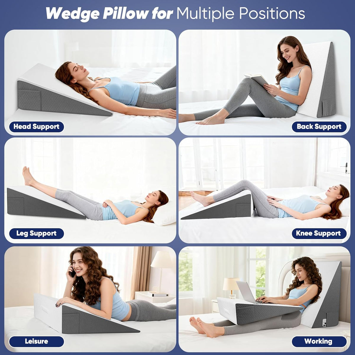 Bed Wedge Pillow for Sleeping & Resting, 8 inch Incline Pillow Wedge for Adults Seniors, Back Support and Leg Elevation, Cooling Memory Foam Top, Ideal for Couch, Bedroom & Living Room
