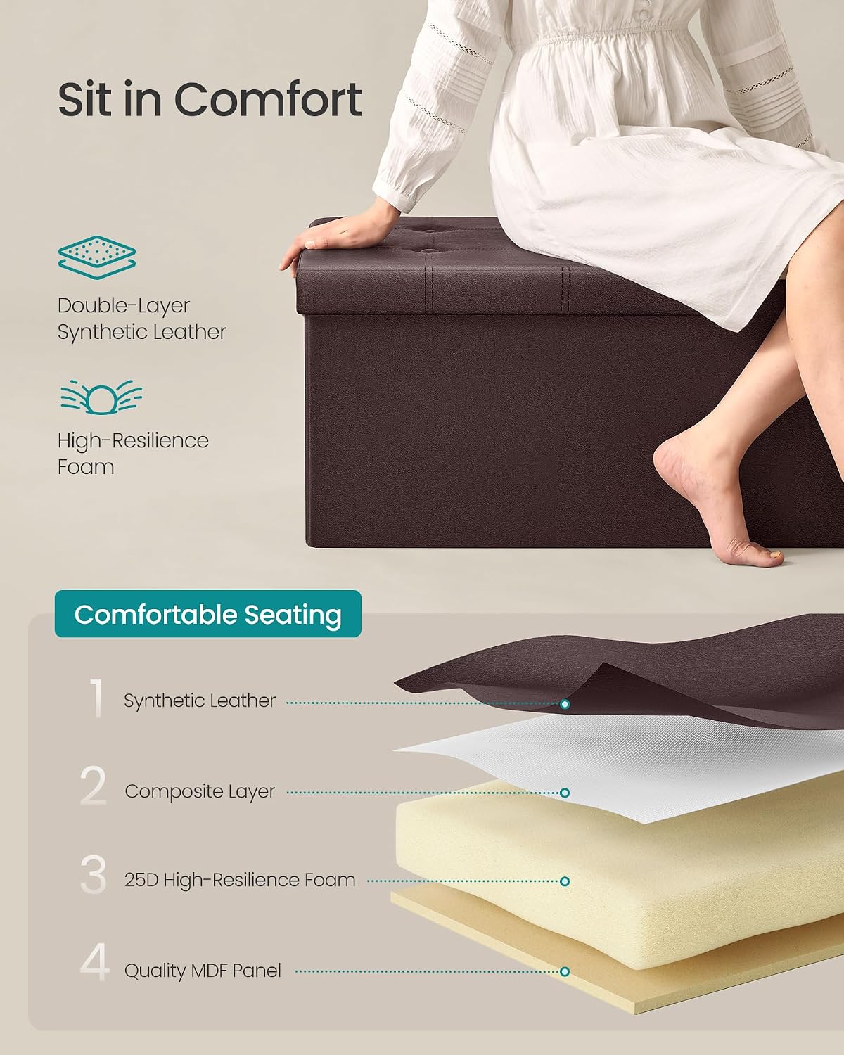 SONGMICS MAZIE Collection - 43 Inches Folding Storage Ottoman Bench, Ottoman with Storage, Foot Rest Stool, Load 660 lb, for Living Room, Synthetic Leather, Black ULSF701