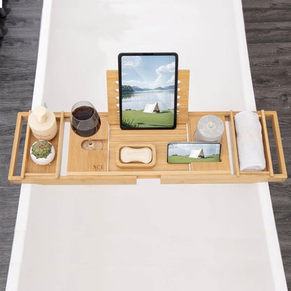 XcE Bamboo Bathtub Caddy Tray - Expandable to 41 Inches with Book Stand, Soap Holder & Anti-Slip Pads for Luxury Bath Spa, Brown