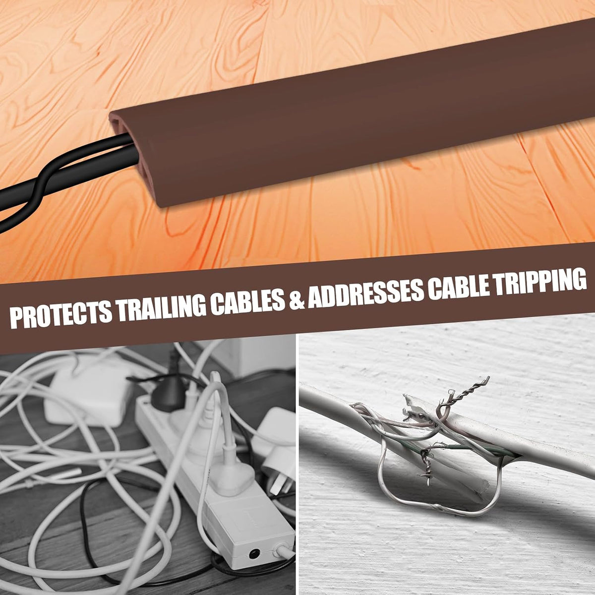 Floor Cord Cover Self Adhesive Cord Hider,10FT Cable Management, Extension Strip Protector for Wires, Prevent Cable Trips for Offices, Gyms, Exhibitions Cavity 0.39"(W) x 0.27"(H) BrownWood