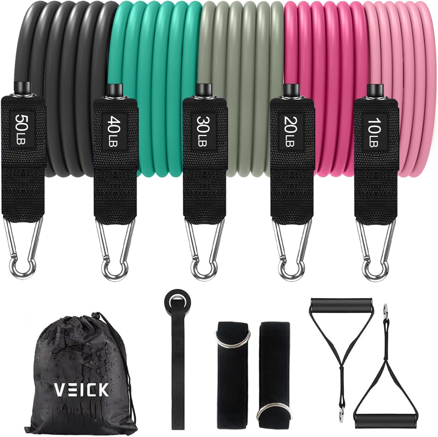 VEICK Resistance Bands Set, 10-150 LBS Stackable Exercise Bands with Handles, Ankle Straps & Door Anchor, Workout Bands for Home Gym, Yoga, Pilates, Physical Therapy for Men Women