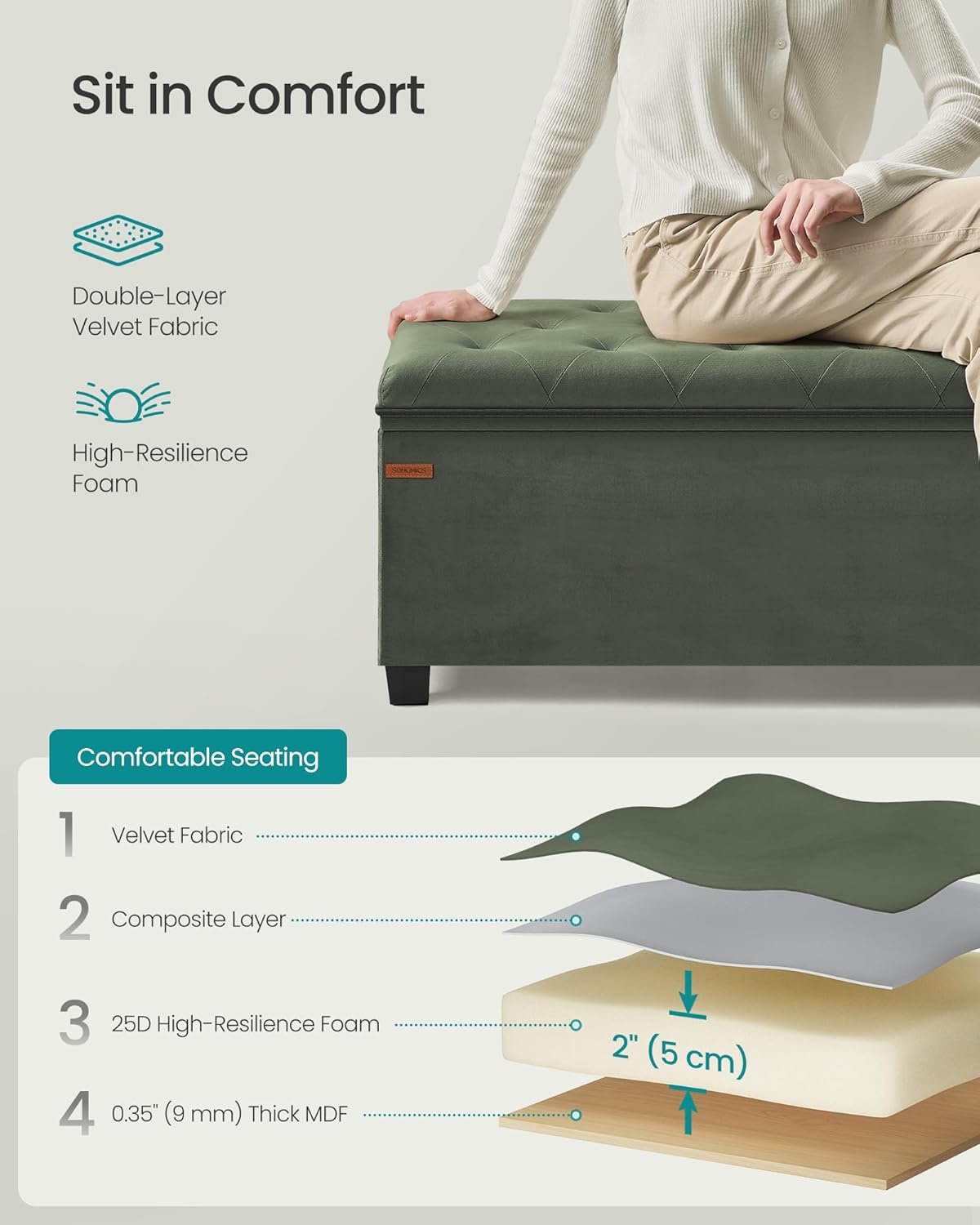 SONGMICS Storage Ottoman Bench, Foot Rest with Legs, 15.7 x 43.3 x 15.7 Inches, End of Bed Bench, Storage Chest, Load up to 660 lb, for Living Room, Bedroom, Entryway, Dark Gray ULSF088G01