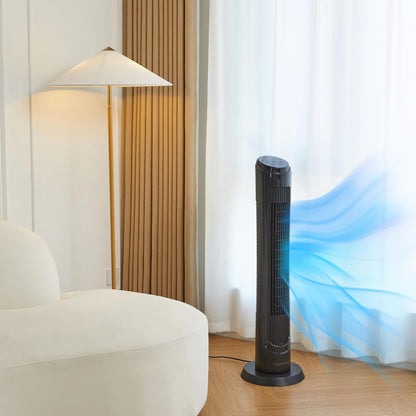 Amazon Basics 28" 60-Degree Oscillating Tower Fan with Powerful Airflow for Bedroom, Living Room, Office, 3 Speeds, Mechanical Control, Air Circulator, 35W, 27.8"H x 9.4"D x 9.4"W, Black