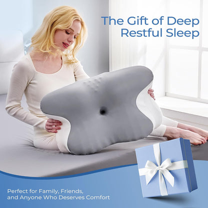 BDEUS Cervical Neck Pillow for Sleeping – Ergonomic Memory Foam Pillow with Massage Nodes for Neck Pain Relief, Side Sleeper & Back Support, CertiPUR-US Certified, Grey