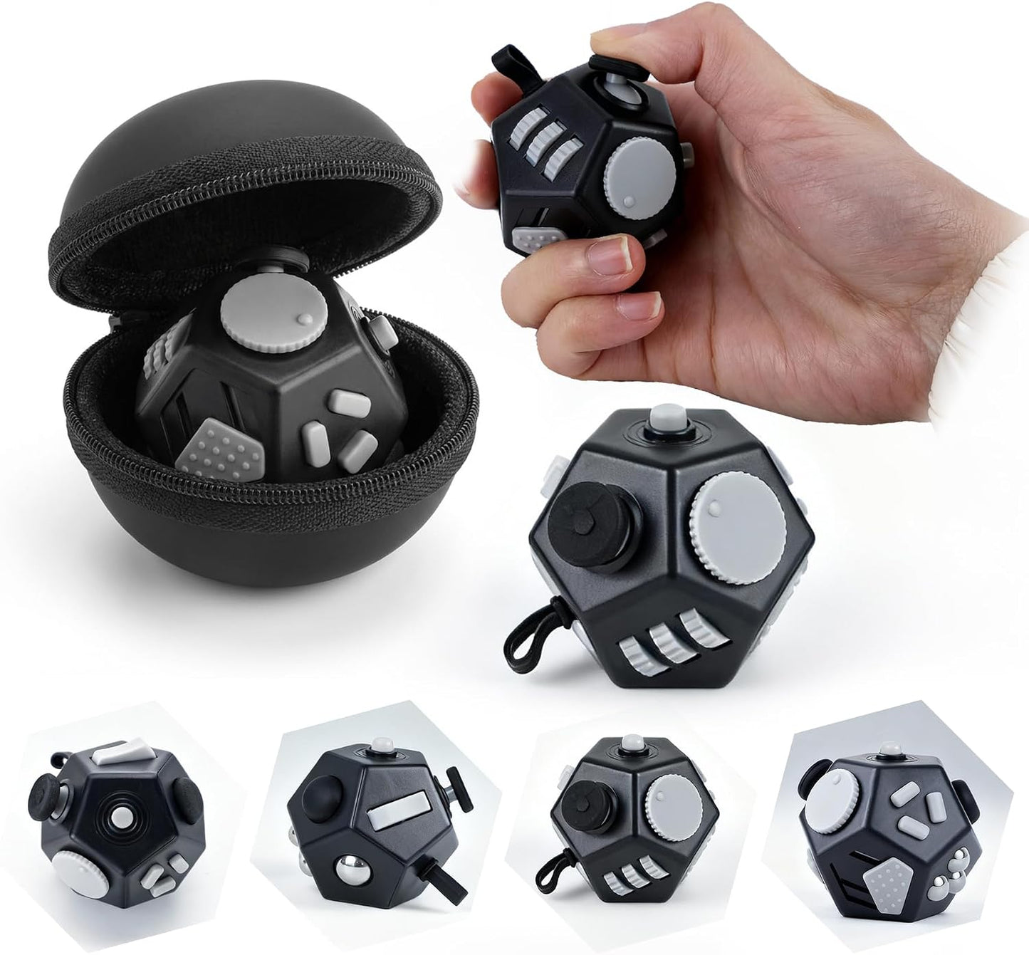 Small Fidget Toys Cube, Small Fidget Toy - 12 Sides Decompression Cube Anti Anxiety and Relief Stress Improve Focus Creative Unique Fidget Toy for Kids and Adults, with Carry Case(Black E1)