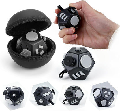Small Fidget Toys Cube, Small Fidget Toy - 12 Sides Decompression Cube Anti Anxiety and Relief Stress Improve Focus Creative Unique Fidget Toy for Kids and Adults, with Carry Case(Black E1)