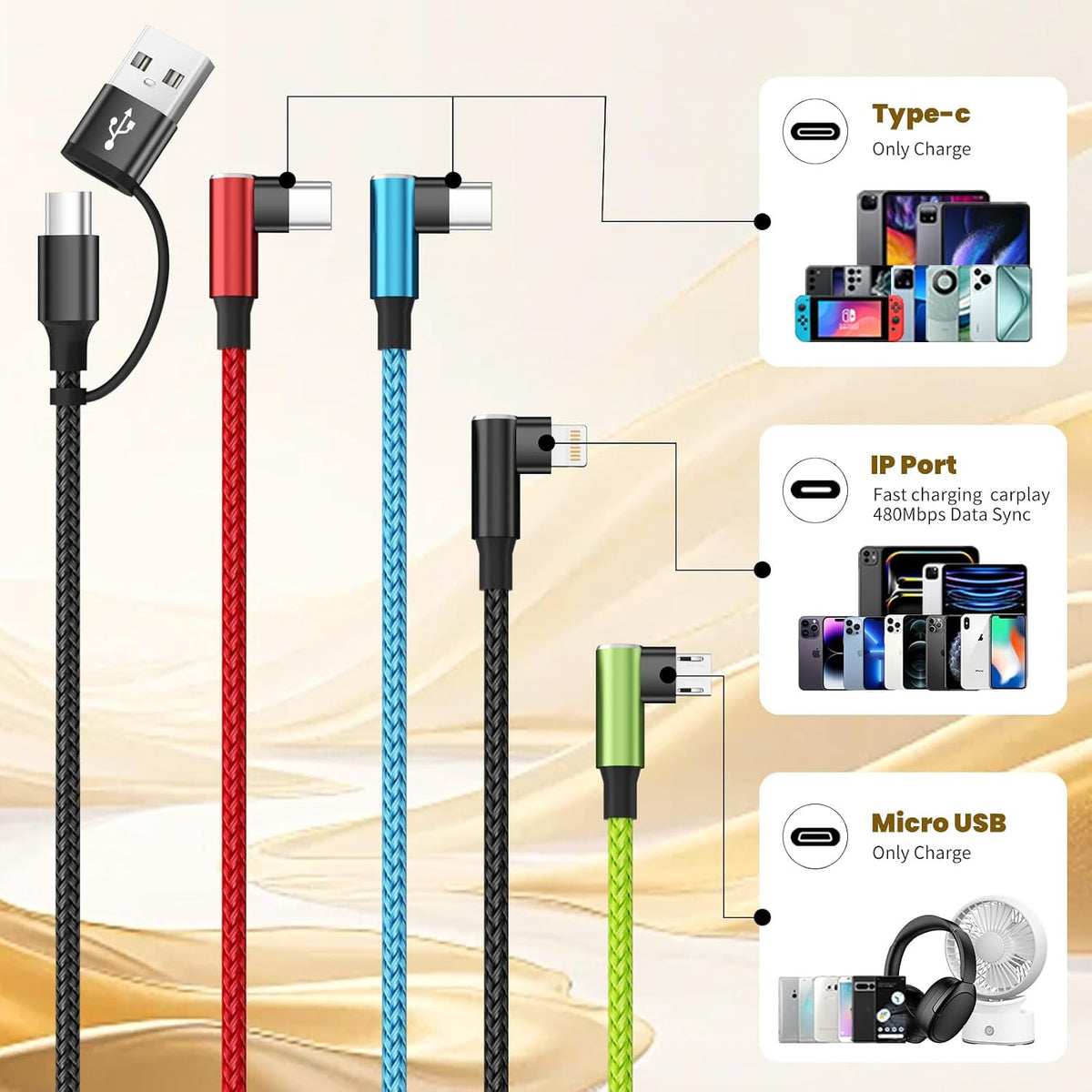 4 in 1 Multi Charging Cable, 5FT Charging Cords for Multiple Devices