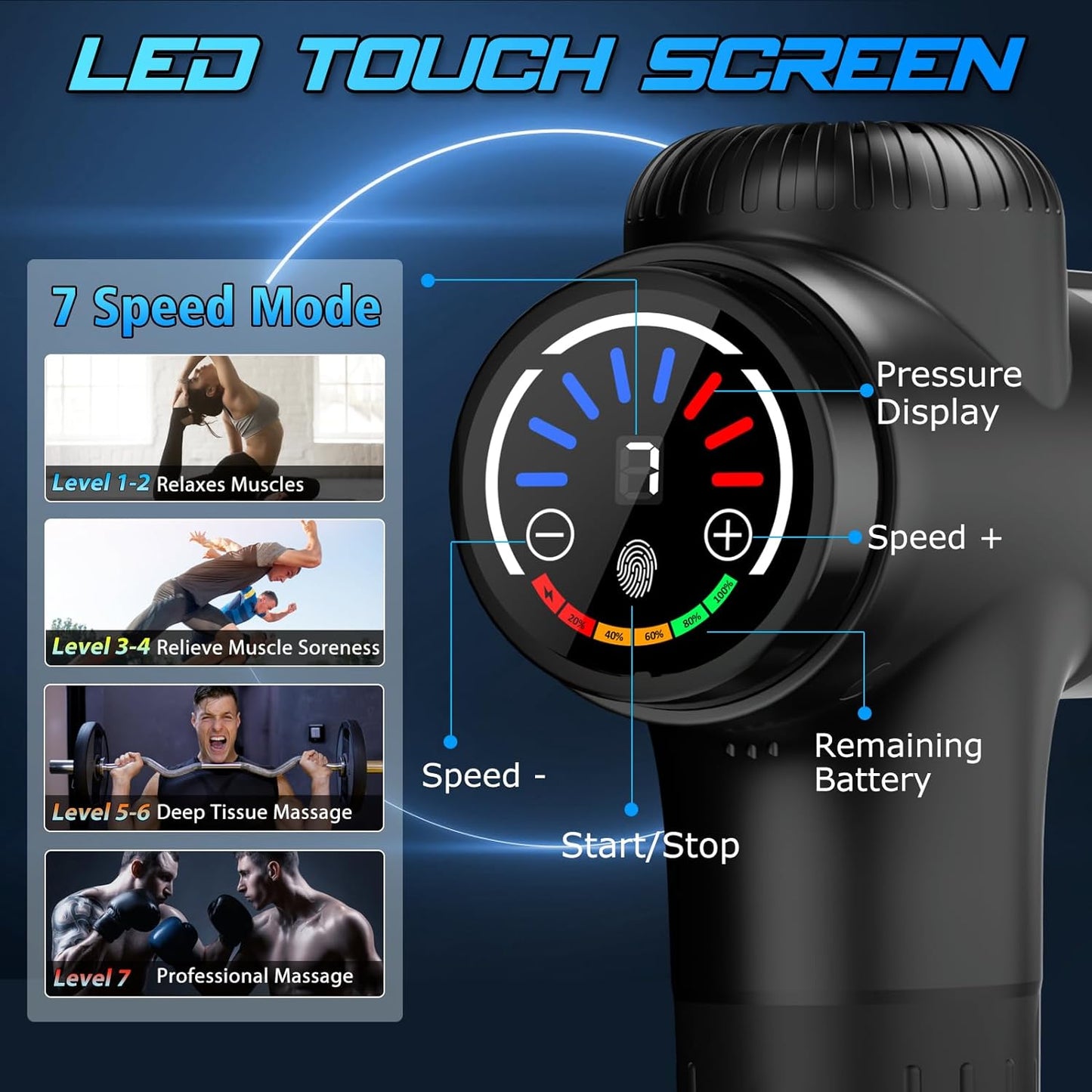TOLOCO Massage Gun, Back Massager 10 Replacement Head for Pain Relief Deep Tissue, Percussion Massage Guns 7 Speed Level Super Quiet Electric Massager Fathers Day Dad Gifts, Carbon
