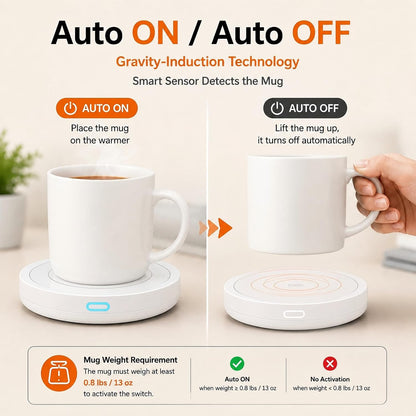 BESTINNKITS White Smart Coffee Auto On/Off Gravity-Induction Mug Office Desk Use, Candle Wax Cup Warmer Heating Plate (Up to 131F/55C)