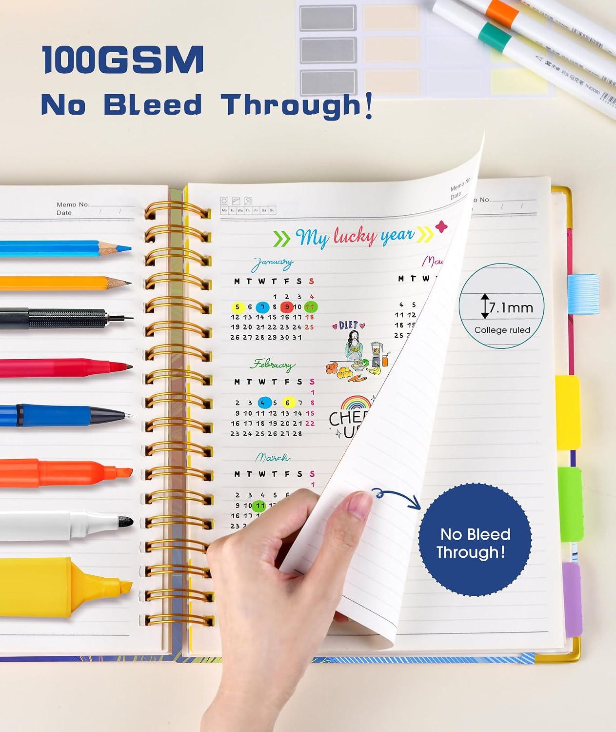Hardcover Spiral Notebook journal with Removable Dividers Tabs, 300 Pages Leather 5 Subject Notebook College Ruled, 8"x10" Large B5 Notebooks for Work School Note taking, Lined Journal for Women,Black
