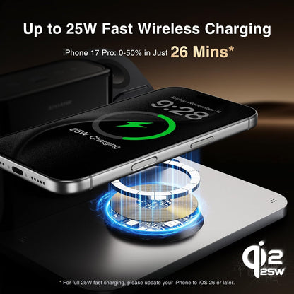 ANJANK GlowDock 5-in-1 Wireless Charging Station with Alarm Clock,Qi2.2 25W Magnetic Multi Charger Stand, Aluminum Silent Cooling,8 Nightlight,for iPhone 18 17 16 15 Pro Max Plus, Apple Watch,AirPods