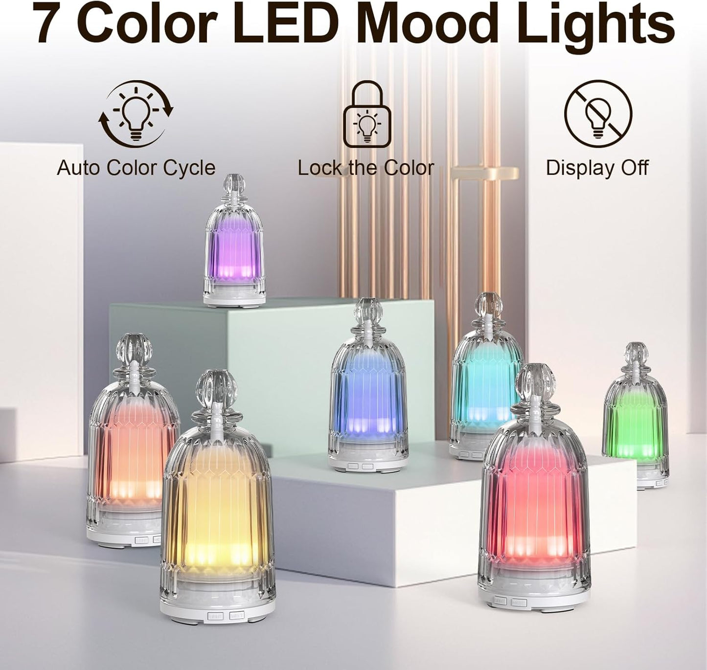 Glass Essential Oil Diffuser, Ultrasonic Aroma Diffuser Glass Cover & Plastic Reservoir with 7 LED Color Changing Light, Auto Shut-Off for Home Office Spa, 120ml(Black Base)