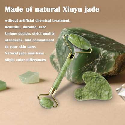 Jade Roller Gua Sha Tools - Nature Gua Sha Facial Tool Skin Tightening Face Massager Anti-Aging Jade Face Roller Puffiness Reducing Guasha Stone for Women Men（Green）