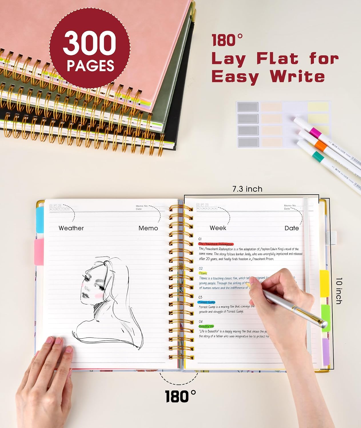 Hardcover Spiral Notebook journal with Removable Dividers Tabs, 300 Pages Leather 5 Subject Notebook College Ruled, 8"x10" Large B5 Notebooks for Work School Note taking, Lined Journal for Women,Black