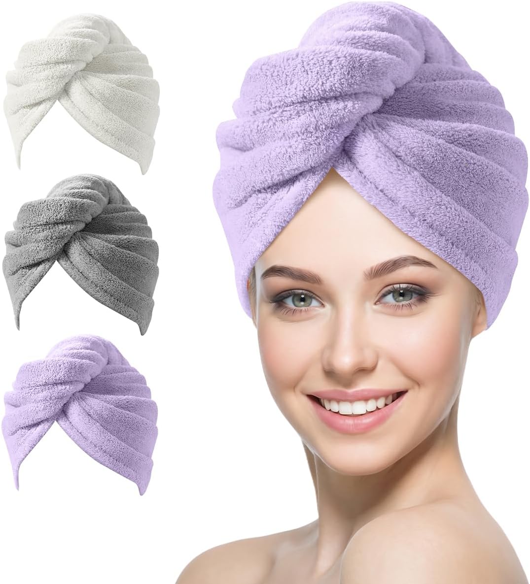 YFONG 3 Pack Microfiber Hair Towel Wrap for Women Girls, Super Absorbent Turban Towels for Drying Wet Hair, Anti Frizz Head Towels for Curly All Hair Style, Turbie Twist (Blue, Pink, White)