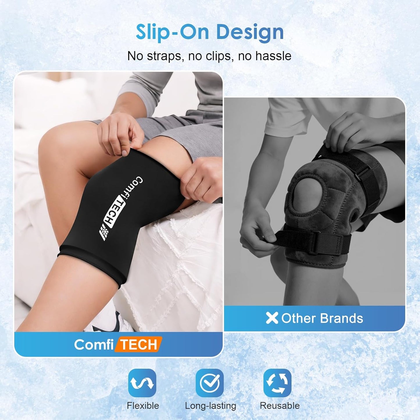 ComfiTECH 2 Pack Knee Ice Pack Wraps, Elbow Calf Brace Flexible Reusable Gel Cold Compression Sleeve for Soothing Meniscus Tear and ACL Discomfort, Muscle Relaxation, Sports Recovery, Medium